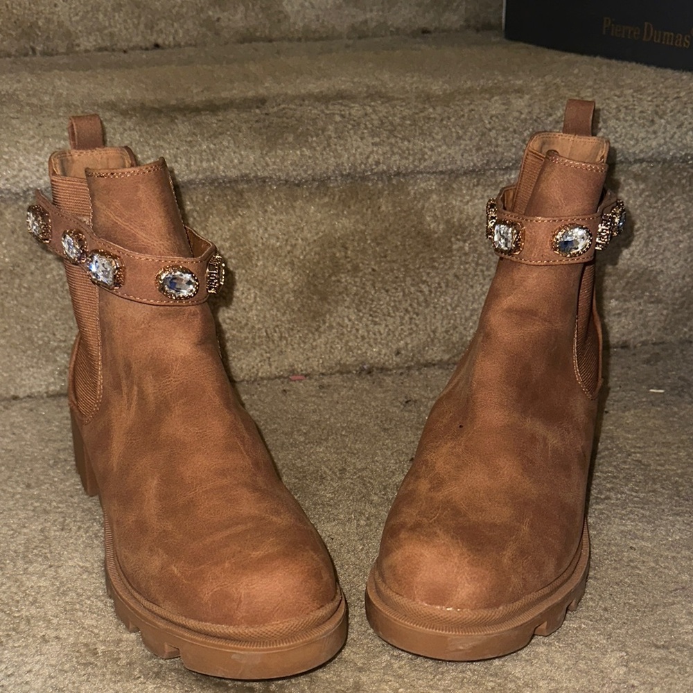 Stylish Tan Ankle Booties with Embellished Strap